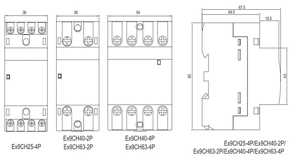 Rys. 6. Styczniki Ex9CH dla prądu 25 A (trójfazowe), 40 i 63 A (jednofazowe) mają dwa moduły szerokości, natomiast styczniki trójfazowe na prąd 40 i 63 A – trzy moduły szerokości